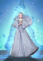 Rule 34 | 1girl, ^ ^, blurry, blurry background, capelet, closed eyes, commentary, crystal, dadaworld, facing viewer, final fantasy, final fantasy xiv, floating hair, flower, full body, glowing, glowing flower, grey capelet, grey hair, grey robe, half updo, highres, holding, holding flower, hood, hood down, hooded capelet, korean commentary, long hair, long sleeves, mask, mask around neck, unworn mask, open mouth, own hands together, robe, smile, solo, sparkle, standing, straight-on, tassel, venat (ff14), white flower, wide sleeves