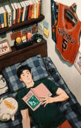 Rule 34 | 1boy, absurdres, alarm clock, basketball uniform, bedroom, black hair, black shirt, black sleeves, book, bookshelf, brown eyes, character request, check character, chengongzi123, chinese commentary, clock, commentary request, cowboy shot, fingernails, highres, holding, holding book, indoors, looking at object, lying, male focus, on back, on bed, open book, parted lips, photo (object), picture frame, poster (object), red shorts, red tank top, rukawa kaede, shirt, short hair, short sleeves, shorts, slam dunk (series), solo, sportswear, sticky note, stuffed toy, t-shirt, tank top, teeth, thick eyebrows, unworn shirt