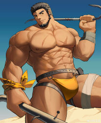 Rule 34 | 1boy, abs, absurdres, bandaged leg, bandages, bandana, bandana around arm, bara, beard, bulge, facial hair, feet out of frame, harpoon, highres, large pectorals, legs apart, looking at viewer, male focus, male underwear, mature male, muscular, muscular male, mustache stubble, navel, navel hair, nipples, original, over shoulder, pectorals, sand, scar, scar on chest, seductive smile, short hair, skull print, smile, solo, stomach, stubble, tekkowang, thick eyebrows, thick thighs, thighs, topless male, unconventional male underwear, underwear, weapon, weapon over shoulder, yellow bandana, yellow male underwear