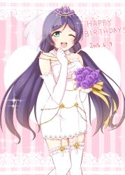 Rule 34 | 10s, 1girl, bouquet, breasts, bridal veil, bride, chiro-minami, chiro (bocchiropafe), dress, flower, gloves, green eyes, long hair, love live!, love live! school idol festival, love live! school idol project, medium breasts, one eye closed, open mouth, purple hair, smile, solo, striped, striped background, tiara, tojo nozomi, twintails, veil, wedding dress