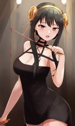 Rule 34 | 1girl, absurdres, bare arms, bare shoulders, black dress, black hair, blood, breasts, cleavage, commentary request, cowboy shot, dress, hairband, hand up, highres, holding, holding weapon, large breasts, long hair, pencil dress, red eyes, short dress, sidelocks, sleeveless, sleeveless dress, solo, spy x family, standing, watarurikka, weapon, yellow hairband, yor briar