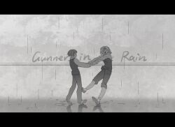 Rule 34 | 1boy, 1girl, dancing, full body, greyscale, highres, holding hands, kromer (project moon), letterboxed, limbus company, long sleeves, low ponytail, monochrome, multicolored hair, pants, project moon, puddle, rain, school uniform, shiqicheng, shirt, shoes, sinclair (project moon), socks, streaked hair, vest, water, wide shot