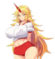 Rule 34 | 1girl, alternate costume, arms behind back, blonde hair, breasts, buruma, covered erect nipples, female focus, gym uniform, highres, horns, hoshiguma yuugi, huge breasts, impossible clothes, impossible shirt, long hair, midriff, navel, nekomamire, puffy nipples, red eyes, shirt, single horn, smile, solo, star (symbol), thighs, touhou, wide hips