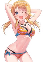 Rule 34 | 1girl, absurdres, ahoge, arched back, armpits, arms behind head, arms up, bikini, blonde hair, blue eyes, breasts, cleavage, collarbone, commentary, cowboy shot, dot nose, eyelashes, flower, front-tie bikini top, front-tie top, gluteal fold, hachimiya meguru, hair flower, hair ornament, highres, idolmaster, idolmaster shiny colors, jewelry, large breasts, layered bikini, leaning forward, light blush, linea alba, long hair, looking at viewer, low twintails, lowleg, lowleg bikini, navel, necklace, one eye closed, open mouth, orange bikini, osoba susurukun, presenting armpit, print bikini, side-tie bikini bottom, sidelocks, simple background, skindentation, smile, solo, stomach, striped bikini, striped clothes, swept bangs, swimsuit, tareme, thighs, thong, twintails, white background