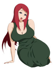 Rule 34 | 1girl, absurdres, breasts, dress, green dress, highres, naruto (series), open mouth, red hair, thick thighs, thighs, tight clothes, tight dress, tongue, tongue out, uzumaki kushina, white background