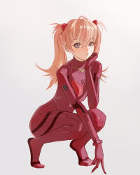 Rule 34 | 1girl, absurdres, ass, blonde hair, blue eyes, bodysuit, breasts, closed mouth, curvy, frown, full body, grey background, hair between eyes, headgear, highres, interface headset, long hair, looking at viewer, mawaw, neon genesis evangelion, pilot suit, plugsuit, red bodysuit, simple background, small breasts, solo, souryuu asuka langley, squatting, twintails, wide hips
