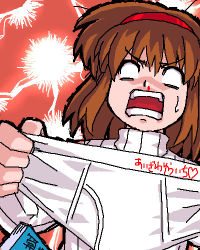 Rule 34 | 1girl, angry, blood, briefs, clothes writing, female pervert, holding, holding clothes, holding panties, holding underwear, kanon, lowres, male underwear, nosebleed, o o, panties, pervert, solo, surprised, sweatdrop, translated, tsukimiya ayu, underwear, white eyes, white male underwear, zen