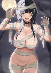 Rule 34 | 1girl, bandaged arm, bandaged chest, bandaged head, bandaged leg, bandages, bare tree, black choker, black hair, black nails, blunt bangs, breasts, choker, commentary, english commentary, fangs, fingernails, fog, full moon, grey hair, groin, hair ornament, halloween costume, hands up, highres, hololive, hololive english, lace, lace choker, large breasts, light blush, long hair, looking at viewer, moon, multicolored hair, mummy costume, nail polish, naked bandage, navel, night, open hands, open mouth, shiori novella, sleeptopi, smile, solo, split-color hair, star (sky), teeth, tree, two-tone hair, upper teeth only, virtual youtuber, yellow eyes