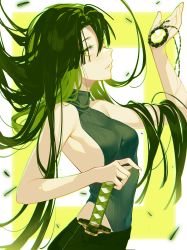 Rule 34 | 1girl, absurdres, armpits, bare shoulders, blush, breasts, cleavage, closed mouth, clothing cutout, from side, green eyes, green hair, highres, hip vent, katana, long hair, original, shoulder cutout, sideboob, simple background, small breasts, solo, standing, sword, uosaasou, upper body, weapon