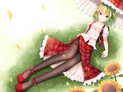 Rule 34 | 1girl, bad id, bad pixiv id, black pantyhose, blush, breasts, cleavage, collarbone, female focus, flower, grass, green hair, highres, kazami yuuka, legs, looking at viewer, lying, mushroom (artist), on ground, on side, open clothes, open vest, pantyhose, parasol, petals, puffy sleeves, red eyes, red footwear, shirt, shoes, short sleeves, side slit, skirt, skirt set, smile, solo, sunflower, thighband pantyhose, touhou, umbrella, vest