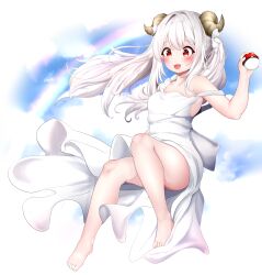 Rule 34 | 1girl, absurdres, barefoot, commentary, commission, curled horns, dress, english commentary, full body, full moon, highres, holding, holding poke ball, horns, long hair, looking at viewer, mal (user yvfe5887), moon, original, outdoors, poke ball, rainbow, red eyes, sleeveless, sleeveless dress, solo, twintails, white dress, white hair