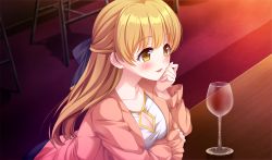 Rule 34 | 1girl, blonde hair, blush, bow, breasts, cup, female focus, floor, frills, from above, game cg, glass, hair bow, head rest, indoors, jacket, kirakira stars idol project reika, large breasts, long hair, looking away, nose blush, original, parted lips, sitting, smile, solo, stool, yellow eyes