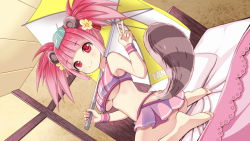 Rule 34 | 1girl, animal ears, artist request, blunt bangs, breasts, clothes writing, flower, game cg, hair flower, hair ornament, holding, holding umbrella, indoors, leaf, leaf on head, looking at viewer, medium breasts, monster musume no iru nichijou, monster musume no iru nichijou online, official art, pink hair, raccoon ears, raccoon girl, raccoon tail, red eyes, short hair, short twintails, sitting, smile, solo, tail, tatake (monster musume), twintails, umbrella, underboob, v, wariza, yellow flower