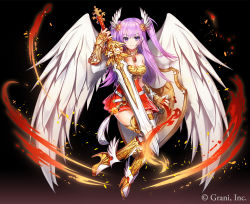 Rule 34 | 1girl, apple caramel, armor, bare shoulders, black background, boots, breasts, brooch, cleavage, company name, feathered wings, full body, greaves, high heel boots, high heels, highres, holding, holding shield, holding sword, holding weapon, jewelry, kurokishi to shiro no maou, long hair, looking at viewer, medium breasts, official art, purple eyes, purple hair, red skirt, shield, skirt, smile, solo, sword, tassel, two side up, watermark, weapon, white wings, wings
