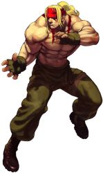 Rule 34 | 1boy, abs, alex (street fighter), blonde hair, blue eyes, boots, capcom, fighting stance, fingerless gloves, gloves, headband, highres, ikeno daigo, male focus, manly, muscular, official art, ponytail, scar, topless male, solo, street fighter, street fighter iii (series)