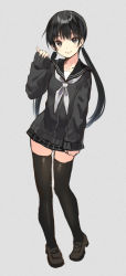 Rule 34 | 1girl, :p, black eyes, black hair, black serafuku, black thighhighs, blush, commentary request, hanekoto, loafers, long hair, looking at viewer, low twintails, original, school uniform, serafuku, shoes, skirt, sleeves past wrists, smile, solo, thighhighs, tongue, tongue out, twintails