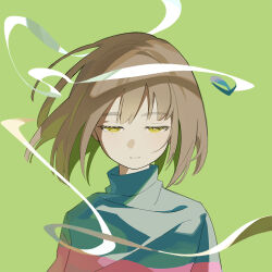 Rule 34 | 1other, androgynous, bandages, brown hair, chara (undertale), green background, guangchenren, half-closed eyes, simple background, solo, striped clothes, striped sweater, sweater, undertale, upper body, yellow eyes
