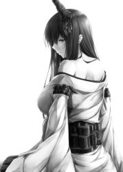 Rule 34 | 10s, 1girl, bare shoulders, breasts, detached sleeves, from behind, fusou (kancolle), greyscale, headgear, huge breasts, japanese clothes, kantai collection, kimono, kimono pull, long hair, looking back, monochrome, nontraditional miko, sitting, solo, suien