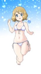 Rule 34 | 1girl, absurdres, bare arms, barefoot, bikini, blonde hair, blue eyes, blush, cameltoe, commentary request, creatures (company), full body, game freak, hand up, highres, looking at viewer, navel, nintendo, open mouth, pokemon, pokemon (anime), pokemon xy (anime), serena (pokemon), short hair, side-tie bikini bottom, smile, solo, swimsuit, tax2rin, toes, tongue, white bikini
