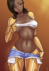 Rule 34 | 1girl, ariane (kawa-v), black hair, blush, breasts, breasts apart, brown background, camisole, camisole lift, clothes lift, clothes pull, covered erect nipples, cowboy shot, dark-skinned female, dark skin, eyelashes, eyes visible through hair, half-closed eyes, highres, kawa-v, large breasts, lifted by self, lips, long hair, mechanical arms, mechanical legs, medium breasts, micro shorts, no bra, original, parted lips, pocket, short shorts, shorts, shorts pull, side cut, simple background, solo, standing, stomach, strap gap, underboob, wide hips, yellow eyes