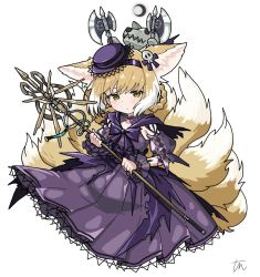 Rule 34 | 1girl, animal ears, arknights, axe, braid, cosplay, crescent moon, detached sleeves, dress, extra ears, fox ears, fox girl, fox tail, green eyes, hairband, hat, holding, holding staff, kitsune, kyuubi, light blush, long hair, looking at viewer, moon, morte (arknights), multiple tails, official alternate costume, puffy short sleeves, puffy sleeves, purple dress, purple hairband, purple headwear, shamare (arknights), shamare (arknights) (cosplay), shamare (echo of the horrorlair) (arknights), short sleeves, signature, simple background, solo, staff, suzuran (arknights), tail, tun, upper body, white background, wrist cuffs
