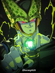 Rule 34 | 1boy, absurdres, cell (dragon ball), closed mouth, dragon ball, dragonball z, highres, horang4628, incoming attack, index finger raised, looking at viewer, male focus, perfect cell, pointing, pointing at viewer, red eyes, smile, solo, twitter username, upper body