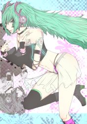 Rule 34 | absurdres, aqua eyes, armband, ass, bad id, bad pixiv id, boots, choker, detached sleeves, green hair, hatsune miku, high heels, highres, kitaro, long hair, see-through, shoes, skirt, smile, solo, tattoo, thighhighs, twintails, very long hair, vocaloid