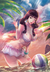 Rule 34 | 1girl, bad id, bad pixiv id, ball, bare shoulders, beachball, bikini, bikini skirt, bracelet, braid, breasts, brown hair, chicle, choker, cleavage, cloud, cloudy sky, collarbone, cyphers, day, earrings, fingernails, frilled bikini, frills, green eyes, hair ornament, hair tie, hand on lap, hand up, heart, heart earrings, jewelry, large breasts, leaf, light rays, long hair, miniskirt, nose, ocean, outdoors, palm tree, partially submerged, pink lips, skirt, sky, smile, solo, sparkle, sunbeam, sunlight, swimsuit, teeth, tree, twin braids, upper teeth only, wading, water, white choker