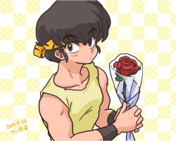 Rule 34 | 1boy, bandana, blush, flower, hibiki ryouga, muscular, muscular male, ranma 1/2, rose, short hair, sleeveless, solo, wanta (futoshi)