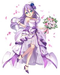 Rule 34 | 1girl, :d, absurdres, bare shoulders, blue eyes, blue flower, blue rose, bouquet, breasts, cleavage, commentary request, derori, dress, earrings, flower, glint, gloves, hair between eyes, hair flower, hair ornament, head tilt, high heels, highres, holding, holding bouquet, jewelry, long hair, looking at viewer, medium breasts, open mouth, original, petals, pink flower, pink rose, purple flower, purple footwear, purple hair, purple rose, rose, shoes, simple background, smile, solo, standing, standing on one leg, strapless, strapless dress, very long hair, white background, white dress, white flower, white gloves