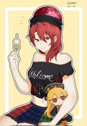 Rule 34 | 1girl, artist name, bare shoulders, black headwear, black shirt, clothes writing, collar, colored skin, dango, dated, eating, food, fumo (doll), hecatia lapislazuli, highres, holding, holding food, holding toy, junko (touhou), looking at viewer, medium hair, miniskirt, multicolored clothes, multicolored skirt, plaid, plaid skirt, pleated skirt, red eyes, red hair, savlietion yuki, shirt, skirt, solo, t-shirt, touhou, toy, underworld (ornament), wagashi