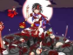 Rule 34 | 1girl, arrow (projectile), arrow in body, bad id, bad pixiv id, bald, black hair, blood, blood on clothes, blood on face, bloody weapon, blurry, bomb, corpse, depth of field, doll, dress, epic armageddon, explosive, grey horns, highres, horns, injury, jizou, kijin seija, miracle mallet, multicolored hair, red eyes, red hair, short hair, solo focus, touhou, weapon, white hair