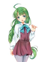 Rule 34 | 1girl, absurdres, blue bow, blue bowtie, blue eyes, bow, bowtie, braid, breasts, character name, collared shirt, commentary request, cowboy shot, dress, dress shirt, green hair, halterneck, highres, kantai collection, long hair, long sleeves, looking at viewer, mole, mole under mouth, pantyhose, pleated dress, purple dress, school uniform, shirt, simple background, single braid, solo, tongue, tongue out, very long hair, white background, white shirt, yashin (yasinz), yuugumo (kancolle), zoom layer
