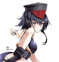 Rule 34 | 1girl, ass, asymmetrical hair, black hair, black one-piece swimsuit, breasts, brown eyes, character name, clothes writing, commentary request, cowboy shot, dated, framed breasts, gloves, hair between eyes, hat, headphones, i-13 (kancolle), kantai collection, lips, looking at viewer, looking to the side, one-piece swimsuit, parted lips, partially fingerless gloves, sailor collar, school swimsuit, short hair, signature, simple background, small breasts, solo, swimsuit, tk8d32, white background