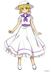 Rule 34 | blonde hair, closed mouth, dress, full body, haramin3, hat, highres, long dress, looking at viewer, louise (touhou), purple sailor collar, purple sash, sailor collar, sash, short hair, short sleeves, simple background, smile, solo, touhou, touhou (pc-98), white background, white dress, white footwear, white hat, yellow eyes