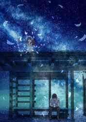 Rule 34 | 1boy, 1girl, blue hair, brown hair, cellphone, collared shirt, covered eyes, closed eyes, floating, floating object, hat, highres, kumagaya nono, long hair, night, night sky, original, pants, paper, phone, shirt, shoes, short hair, sitting, sky, smile, star (sky), starry sky, train station