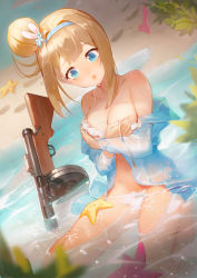 Rule 34 | 1girl, absurdres, animal ears, animal on leg, bare shoulders, bikini, blue hairband, blue shirt, blunt bangs, blurry, blurry foreground, blush, breasts, collarbone, covering privates, covering breasts, fake animal ears, footprints, girls&#039; frontline, gun, hair bun, hair ornament, hairband, helic (7317helic), highres, large breasts, light brown hair, long sleeves, looking at viewer, navel, off-shoulder shirt, off shoulder, official alternate costume, open mouth, plant, rabbit ears, sand, shiny skin, shirt, shovel, sidelocks, single hair bun, sitting, solo, starfish, submachine gun, suomi (girls&#039; frontline), suomi (midsummer pixie) (girls&#039; frontline), suomi kp/-31, swimsuit, thighs, untied bikini, wardrobe malfunction, wariza, water, water drop, weapon, wet, wet clothes, wet hair, wet shirt, white bikini