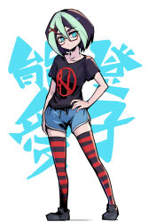 Rule 34 | 1girl, black footwear, black hair, black shirt, black thighhighs, blue background, blue shorts, breasts, collarbone, green eyes, hand on own hip, highres, multicolored hair, original, phantom ix row, red-framed eyewear, red thighhighs, semi-rimless eyewear, shirt, short hair, short sleeves, shorts, small breasts, solo, standing, striped clothes, striped thighhighs, thighhighs, two-tone hair, white background, white hair
