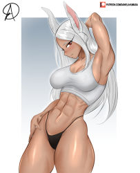 Rule 34 | 1girl, abs, absurdres, almualim, blush, boku no hero academia, breasts, closed mouth, dark-skinned female, dark skin, highres, large breasts, long hair, looking at viewer, mirko, muscular, muscular female, resolution mismatch, self-upload, simple background, solo, source smaller, standing, tan, thighs, upper body