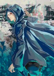 Rule 34 | 1boy, absurdres, arm up, black pants, cape, closed mouth, from side, highres, hood, hood up, hooded cape, kaneki ken, kyuuba melo, looking at viewer, male focus, multicolored background, pants, red eyes, shiny clothes, short hair, solo, tokyo ghoul, white hair
