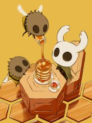 Rule 34 | arizuka (catacombe), bee, bug, butter, chair, cloak, cup, flying, food, highres, hollow eyes, hollow knight, honey, horns, insect, knight (hollow knight), mask, no humans, orange background, pancake, pancake stack, plate, simple background, sitting, wings