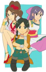 Rule 34 | 3girls, anklet, bad id, bad pixiv id, bare shoulders, bianca (cosplay), bianca (dq5), boots, bow, bracelet, braid, breasts, brown eyes, brown hair, choker, cosplay, deborah (cosplay), deborah (dq5), dragon quest, dragon quest v, dress, feather boa, flora (cosplay), flora (dq5), flower, green eyes, green hair, hair flower, hair ornament, hair over shoulder, half updo, highres, inazuma eleven, inazuma eleven (series), jewelry, kino aki, kudou fuyuka, mimiw, multiple girls, necklace, parody, pink bow, purple eyes, purple hair, raimon natsumi, single braid, skirt, small breasts, smile