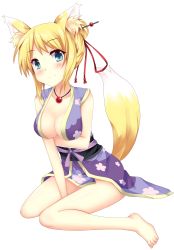 Rule 34 | 10s, 1girl, animal ears, bad id, bad pixiv id, barefoot, blonde hair, blue eyes, blush, breasts, cleavage, dog days, fox ears, fox tail, full body, hair ornament, hair stick, kneeling, looking at viewer, medium breasts, short hair, simple background, sitting, smile, solo, tail, wariza, white background, yukikaze panettone, zen33n