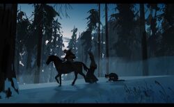 3others animal blue_eye_samurai collapsed commentary concept_art dusk english_commentary fog forest from_side highres horse letterboxed multiple_others nature netflix official_art outdoors pine_tree scenery sky snow topknot tree wide_shot yun_ling