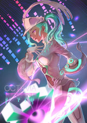 Rule 34 | 1girl, aqua hair, breasts, commentary request, gloves, glowing, glowing eye, hand on own hip, hat, humanization, large breasts, long hair, looking at viewer, navel, octavia (warframe), parted lips, phytoster, pink eyes, ponytail, solo, standing, warframe, white gloves