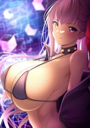 Rule 34 | 1girl, bare shoulders, bb (fate), bb (fate/extra), bb (swimsuit mooncancer) (second ascension) (fate), bikini, black coat, blush, breasts, cleavage, coat, collarbone, fate/extra, fate/extra ccc, fate (series), hair ribbon, large breasts, lee-taro, long hair, looking at viewer, off shoulder, open clothes, open coat, purple bikini, purple eyes, purple hair, red ribbon, ribbon, smile, solo, swimsuit, very long hair