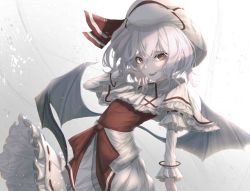 Rule 34 | 1girl, absurdres, bat wings, dress, frills, gradient background, grey background, hair between eyes, hat, hat ribbon, highres, jewelry, looking at viewer, mob cap, puffy sleeves, red eyes, red ribbon, remilia scarlet, ribbon, sash, short hair, simple background, smile, solo, touhou, tqg 07, wings