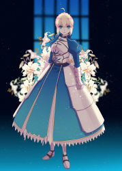 Rule 34 | 1girl, absurdres, ahoge, armor, armored boots, armored dress, artoria pendragon (all), artoria pendragon (fate), blonde hair, blue dress, blue eyes, blurry, blurry background, boots, closed mouth, dress, fate/stay night, fate (series), faulds, flower, full body, gauntlets, highres, long dress, long sleeves, looking at viewer, parted lips, ro96cu, saber (fate), short hair, solo, standing, white flower