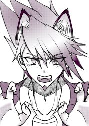 Rule 34 | 1boy, absurdres, animal ears, cat ears, collarbone, danganronpa (series), danganronpa v3: killing harmony, facial hair, fang, goatee, hands up, highres, jacket, looking at viewer, male focus, momota kaito, monochrome, open mouth, paw pose, satori (aosky9077), shirt, solo, teeth, upper teeth only