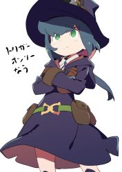 Rule 34 | 1girl, belt, brown gloves, closed mouth, commentary request, constanze amalie von braunschbank-albrechtsberger, cowboy shot, crossed arms, dress, gloves, green eyes, green hair, hat, highres, hood, hood down, hooded dress, little witch academia, ponytail, pouch, purple dress, purple hat, simple background, solo, standing, tama (tama-s), translation request, white background, witch hat